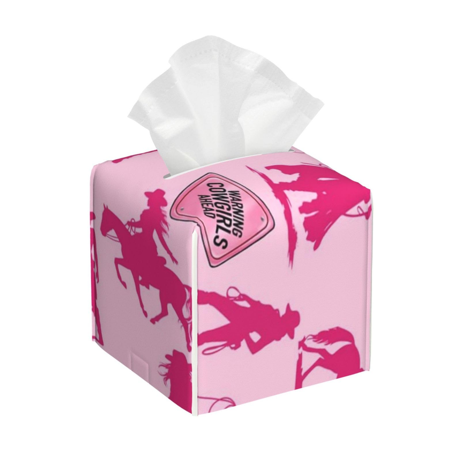 Pink Cowgirl Tissue Box Cover 5" Square Leather Tissue Holder Facial Tissue Case for Tabletop Bedroom Bathroom Desk Decor