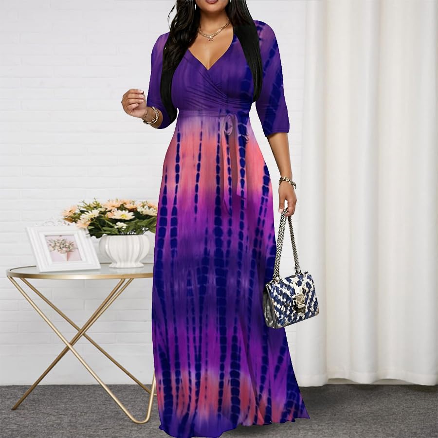 Image of Women's Church Maxi Wrap V Neck 3 /4 Sleeve Tie Waist Plus Size Long Dress | Flattering wrap V-neck design enhances curves. High elastic tie waist accentuates the slimmest part, hides tummy.