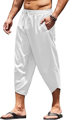 Men's Linen Harem Capri Pants Lightweight Loose 3/4 Shorts Drawstring Elastic Waist Casual Beach Yoga Trousers