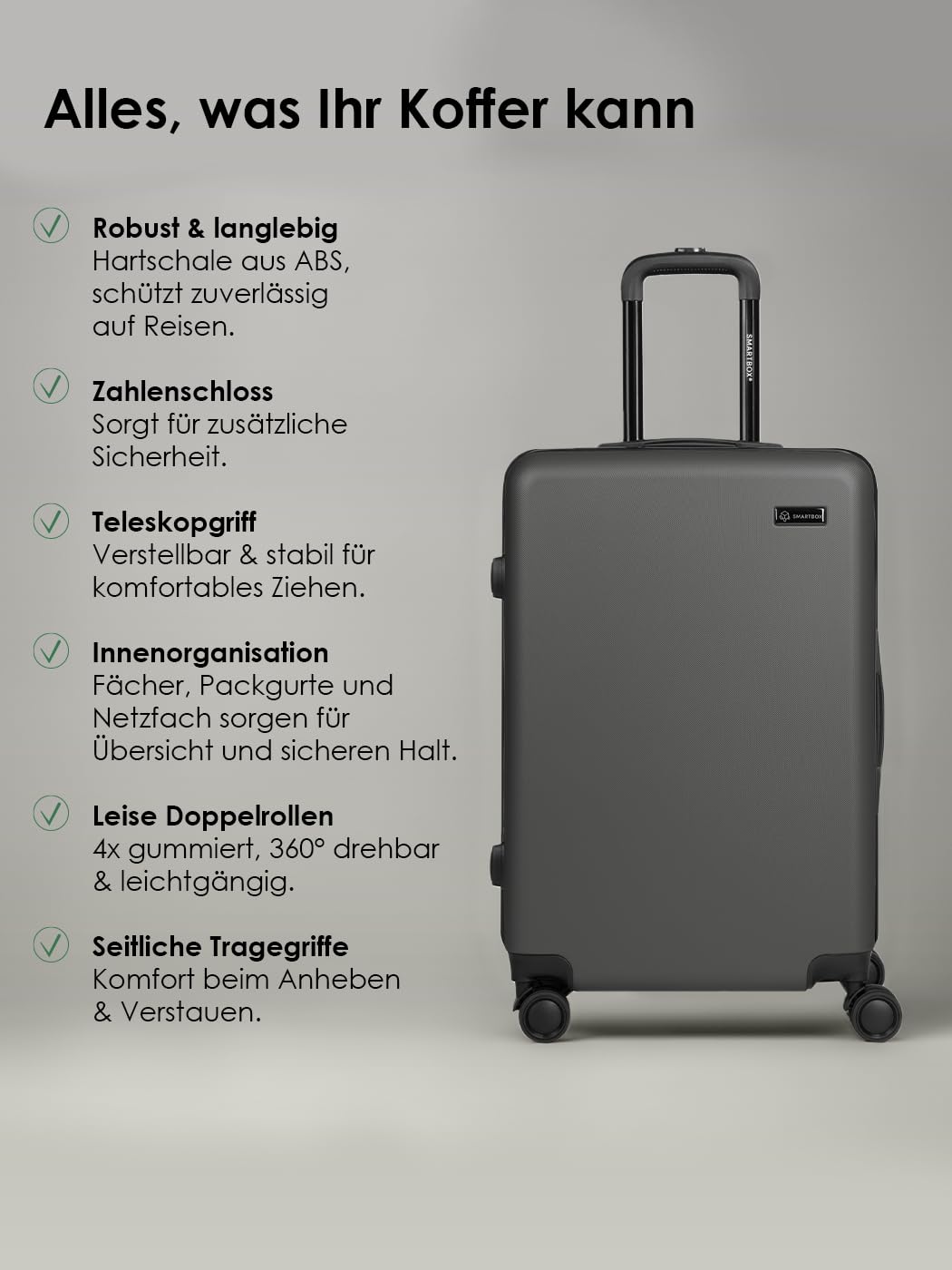 SMARTBOX Hartschalen-Koffer M 66x43x27 cm ABS 4-Doppelrollen | Edition 05, Volumen 61 L, Zahlenschloss, leicht, Rollen vertieft