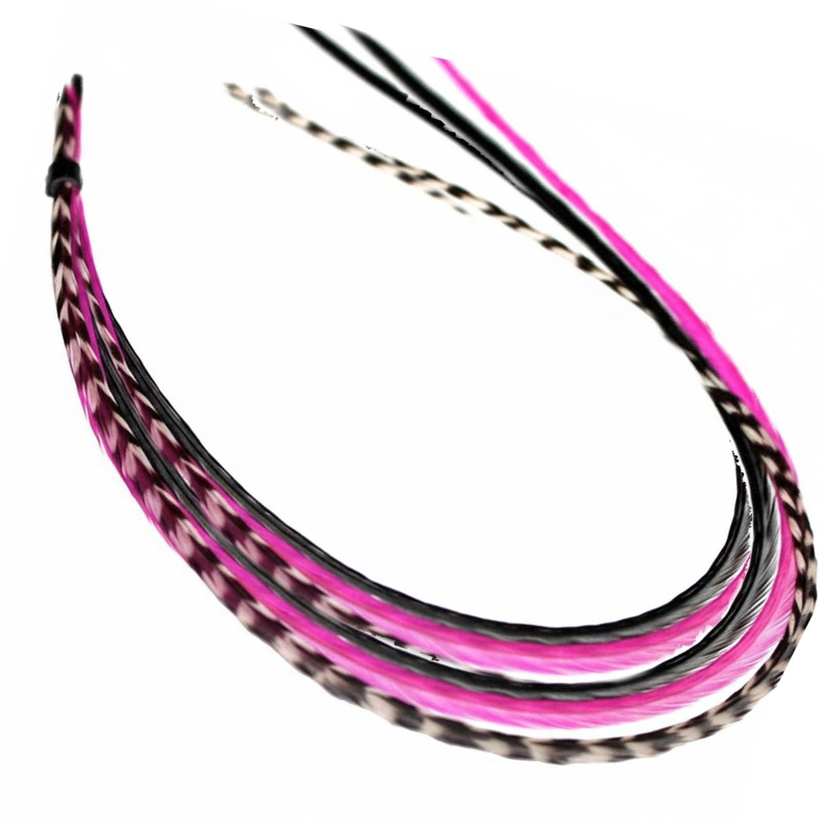Feather Hair Extension – Hot Pink and Black Genuine Rooster Feathers, all bonded together, ranging from 8 to 10 inches in length, with a total of five