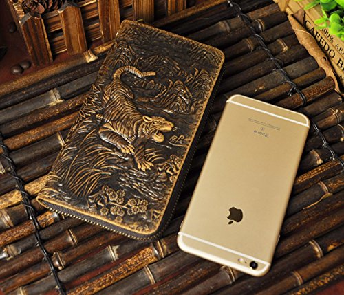 Le'aokuu Unisex Quality Genuine Leather Chain Clutch Hand Bag Organizer Purse Checkbook Zipper Wallet 1016 (W1016 Tiger)4