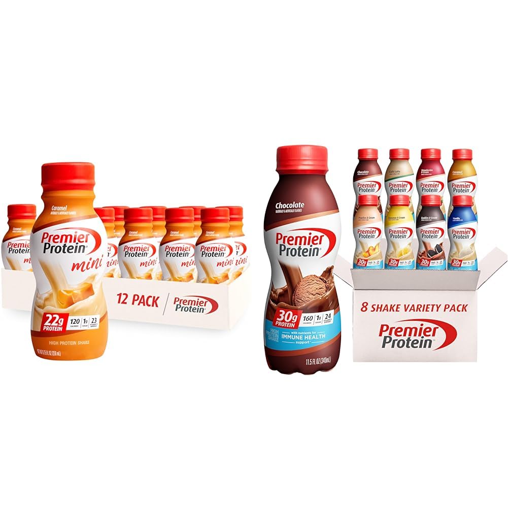 Premier Protein Shake MINIs Caramel 22g Protein 120 Calorie Pack of 12 & Protein Shake 8 Flavor Variety Pack 30g Protein 24 Vitamins & Minerals