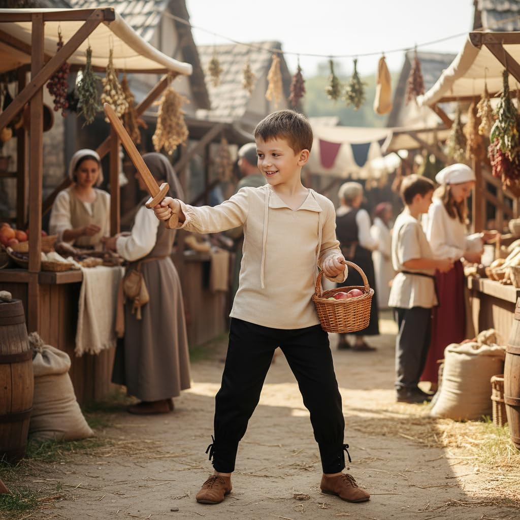 VZQI Boys Girls Medieval Lace-Up Neck Shirt Long Sleeve Renaissance Pirate Top Scottish Jacobite Halloween Costume Tunic - Image 5