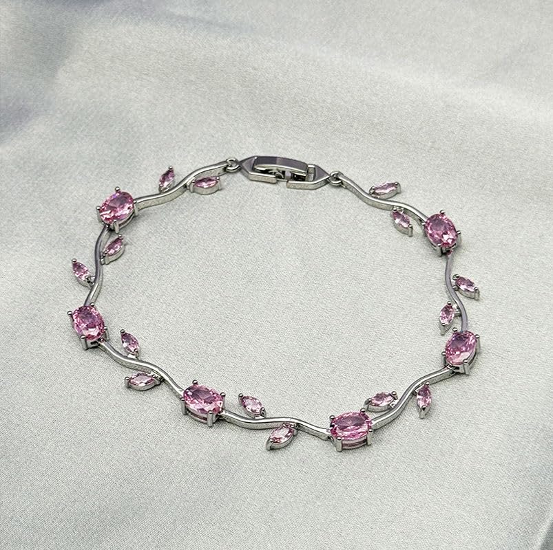 Image of Korean Anti Tarnish Trendy Tulip Bracelet for Women | Pink Stone Floral Design | Silver Tone Elegant Bracelet