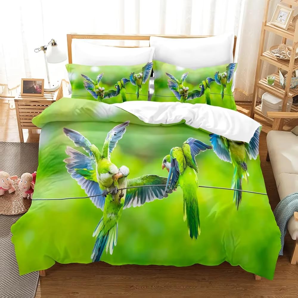 Housse de couette 140x200 enfant perroquet vert avec parure de lit fermeture éclair
