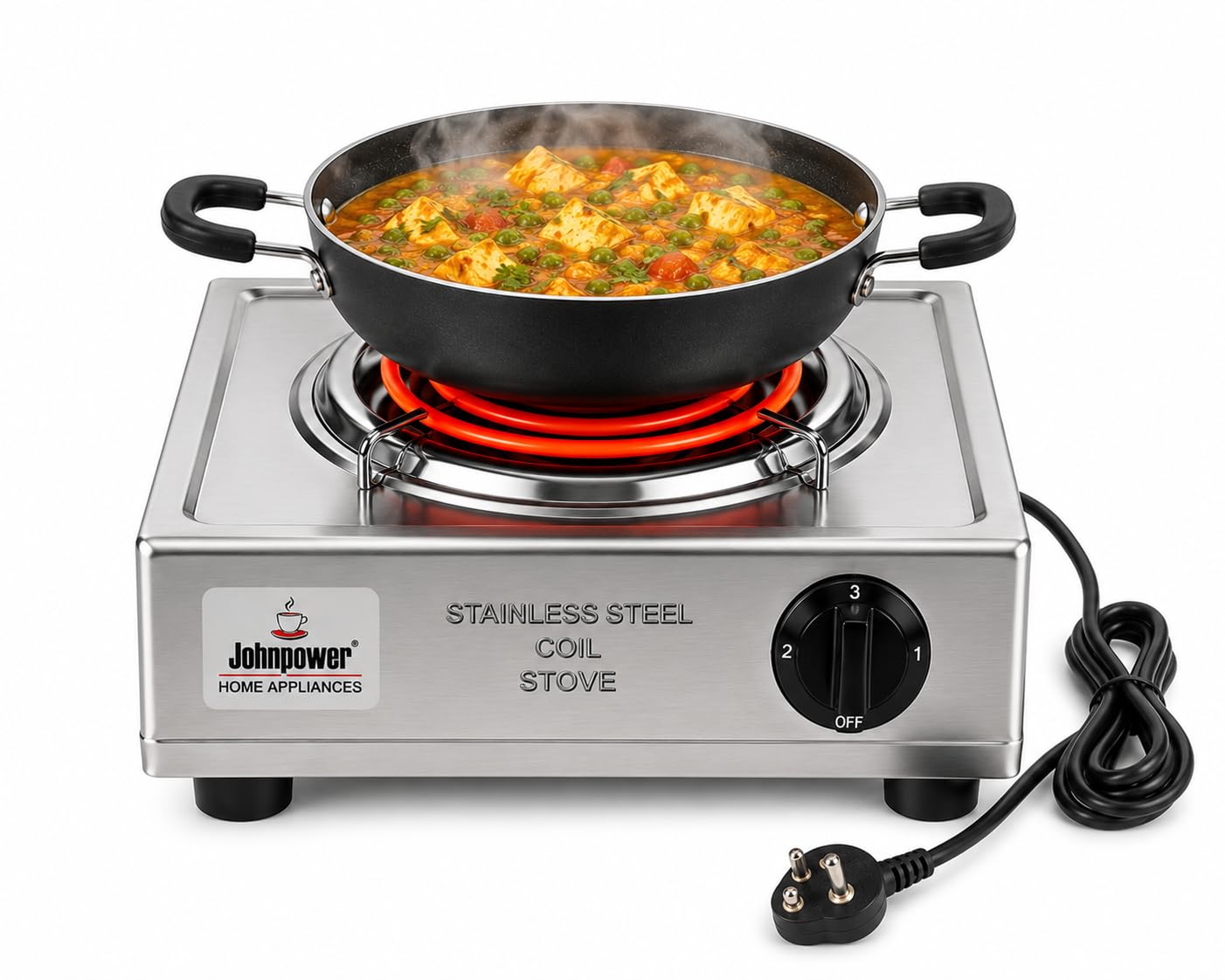 Johnpower Stainless Steel Electric Coil Stove, 2000W | 5-Level Temp Control, Even Heat Distribution, Overheat Protection, All Cookware Compatible, Portable & Compact-picture-26
