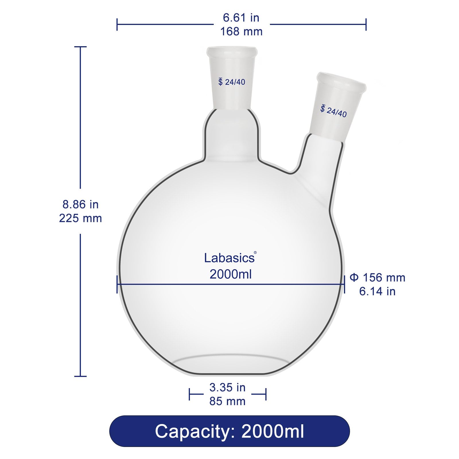 Labasics Matraz de Ebullición de Fondo Plano con 2 Cuellos, Junta 24/40, Vidrio de Borosilicato, Resistente al Calor para Destilación y Laboratorio, 2000ml