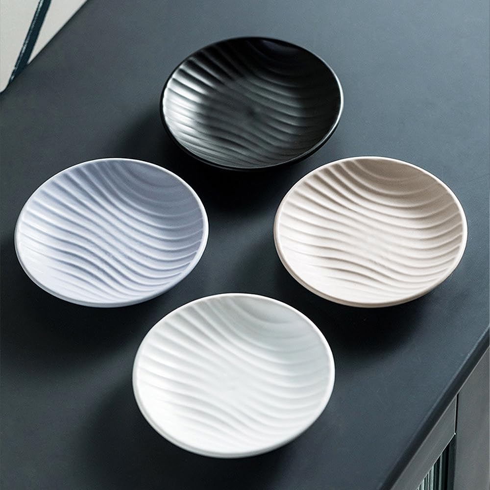 Chic Round Soap Dish, Modern Minimalist Striped Design Ceramic Tray(Oatmeal) - Image 4