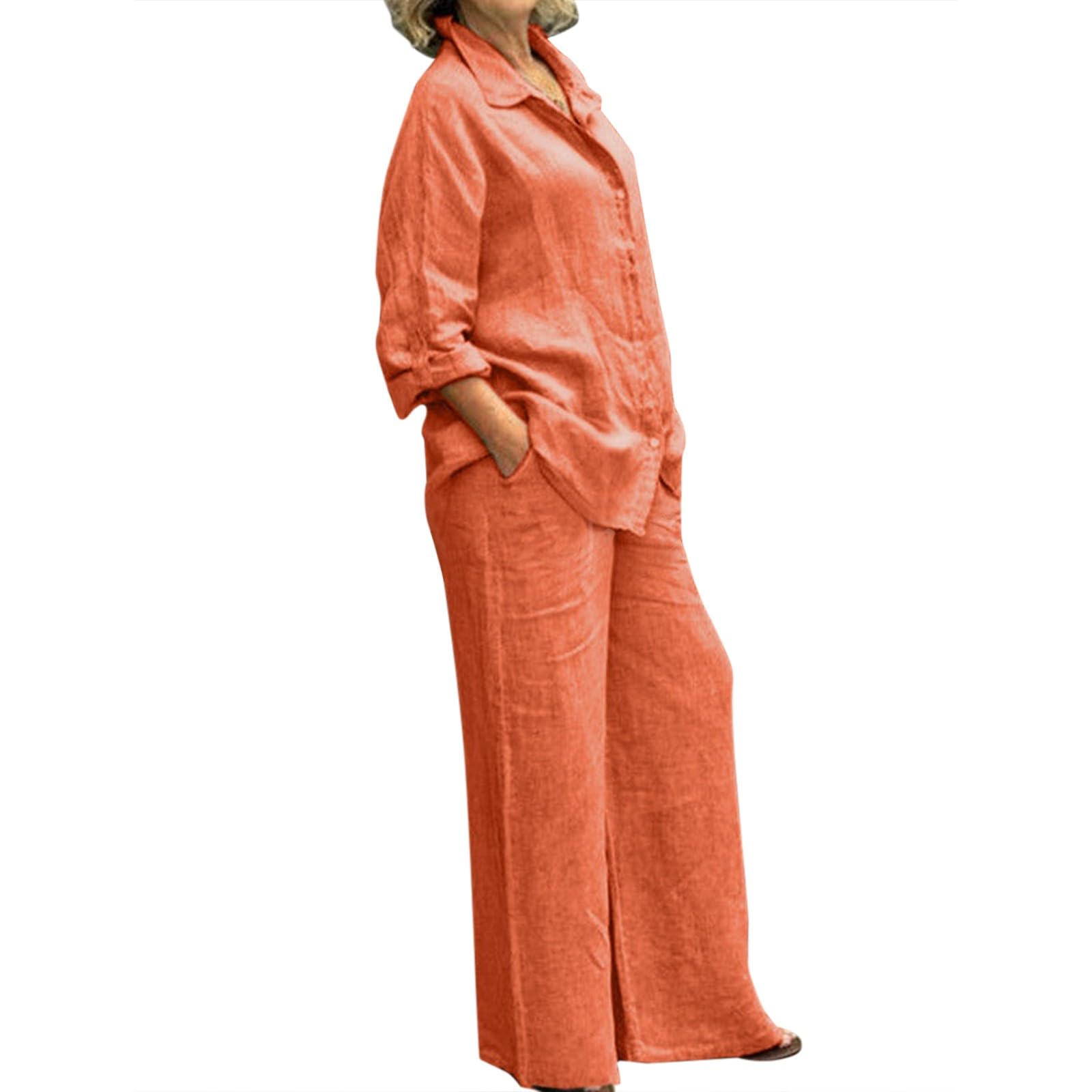 Set Donna 2 Pezzi Loungewear - Top Con Bottoni E Pantaloni Largo In Cotone Lino, Plus Size - Foto 7