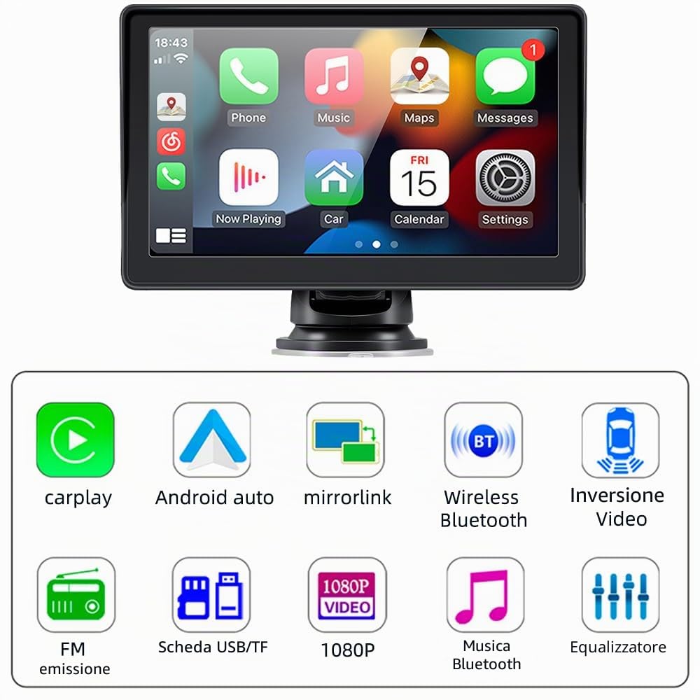 sunweyer Sunweyer Wireless Carplay & Android Auto Screen, Stereo Portatile Auto, 7 "IPS Touchsreen Display, Supporto 1080p Backup Camera & Bluetooth/AUX/FM Trasmettitore