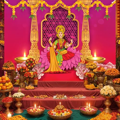 Image of Party Propz Lakshmi Devi Backdrop Cloth for Decoration Pooja, Backdrop for Pooja Decorations, Housewarming Decoration Items, Haldi Decorations Items for Home, Wedding Decor (Cloth Banner) (5 * 8ft)