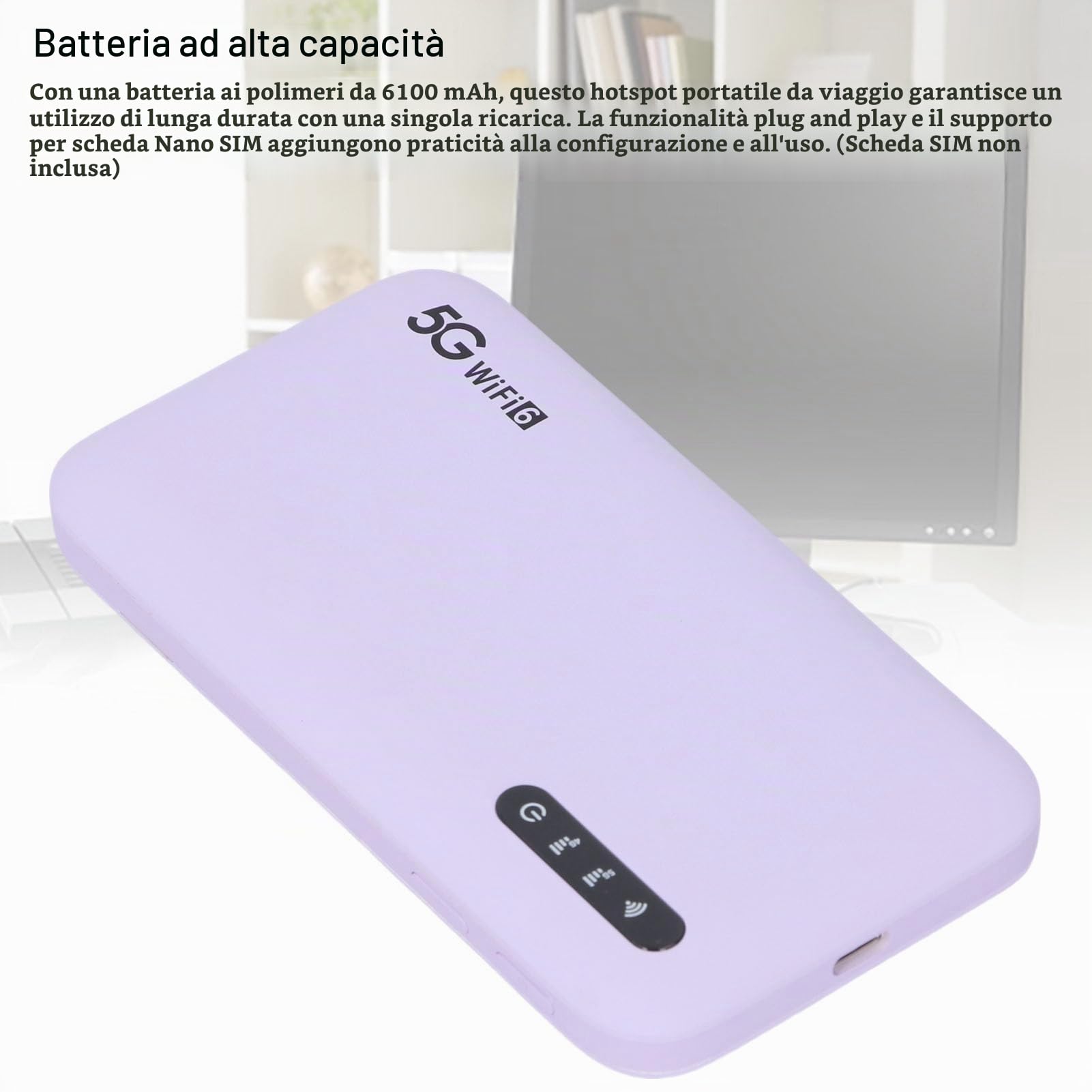 5G Mobile Hotspot WiFi 6 Travel Router con Batteria da 6100 MAh e Supporto Slot Nano SIM 16 Dispositivi 2,77 Gbps Speed IP67 Purple