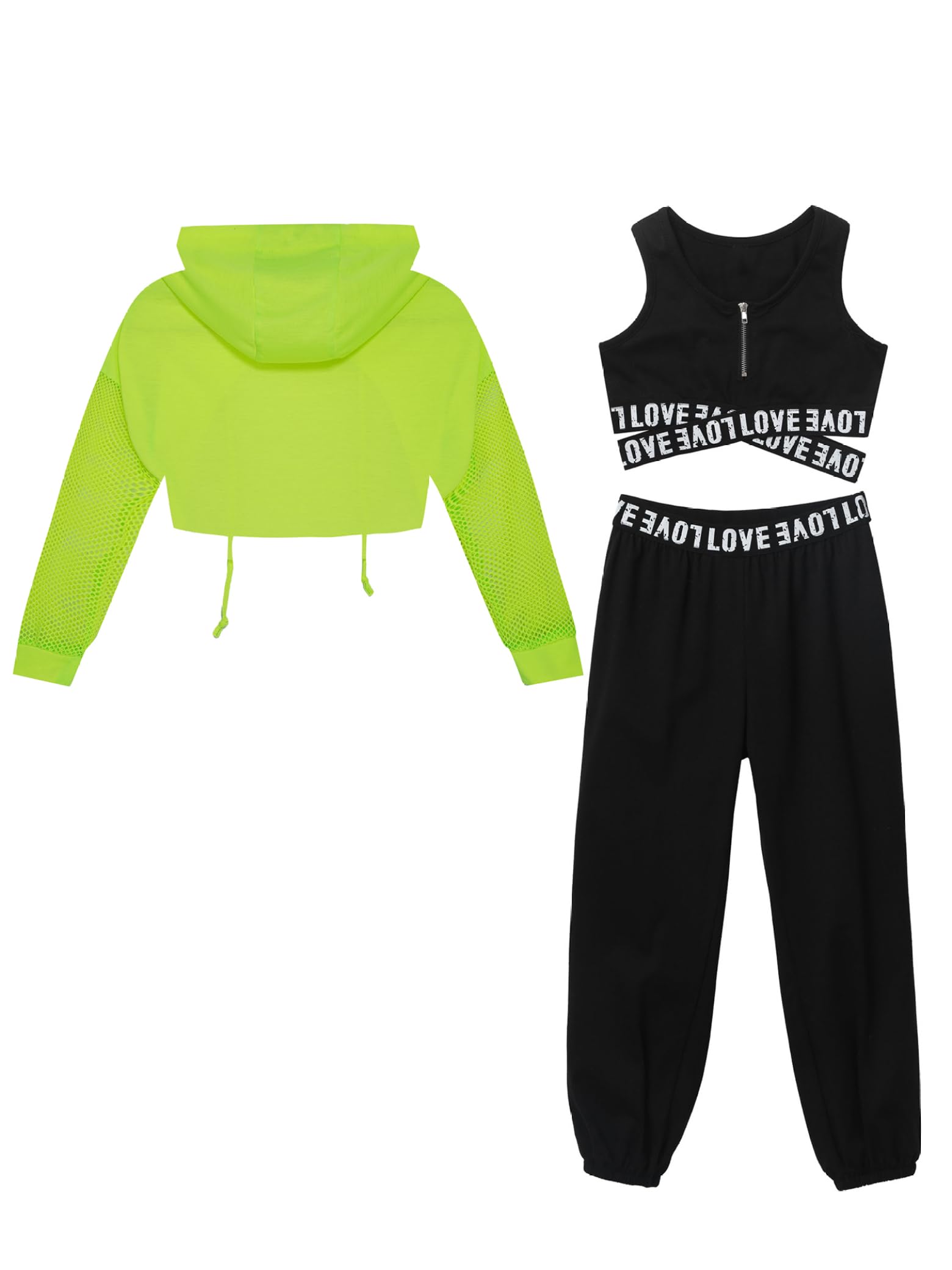 Dziewczęca odzież hip-hopowa Streetdance strój z odkrytym brzuchem bluza z kapturem Crop Tank Top i czółenka 3-częściowy zestaw sportowy do treningu tanecznego