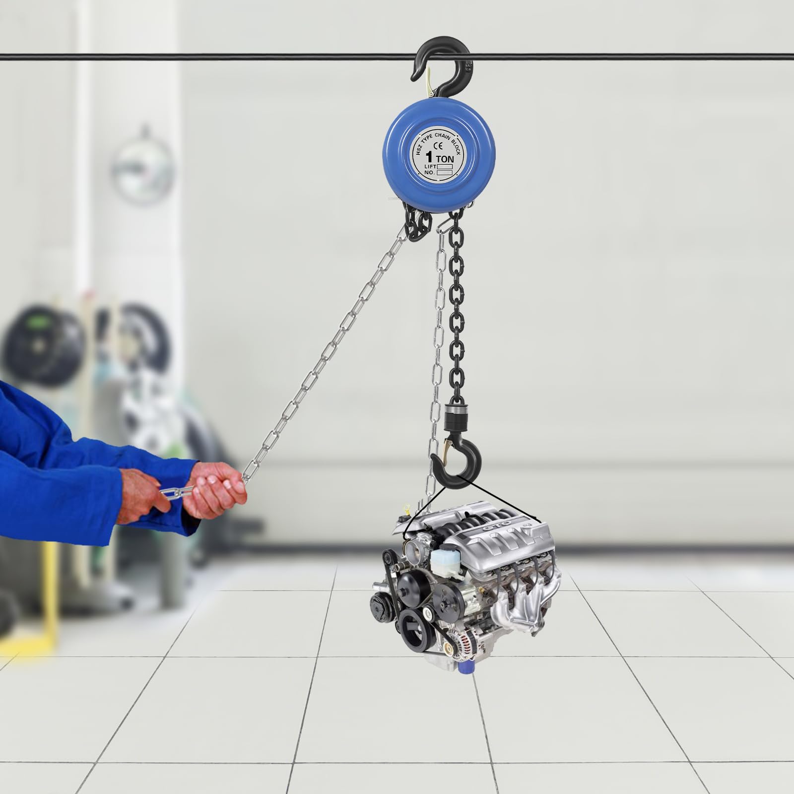 Carrello a catena manuale, altezza di sollevamento 3 m, lunghezza della catena 3 m, catena in acciaio con gancio girevole a 360°, per garage, officina, magazzino (blu, 1000 kg)