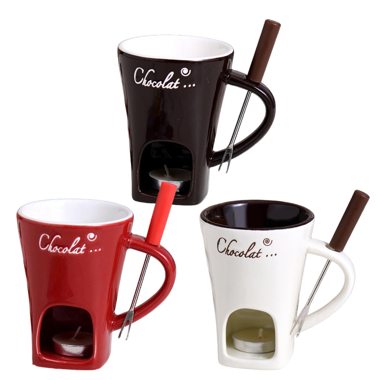 Schokoladen Fondue Becher, Schokoladenfondue Set mit Edelstahl Gabeln, Teelicht Schokofondue Tasse, Keramik Schokoladen Fondue Tasse, Kleines Fondueset für Schokolade Käse