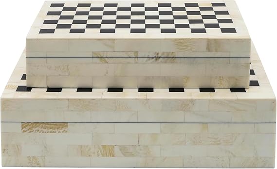 Set of 2 Checkered Decorative Storage Boxes with Lids – Resin & Wood Home Organizer Keepsake Boxes – Stylish Decorative Box for Office & Home Decor – 10" & 12", Black & Ivory