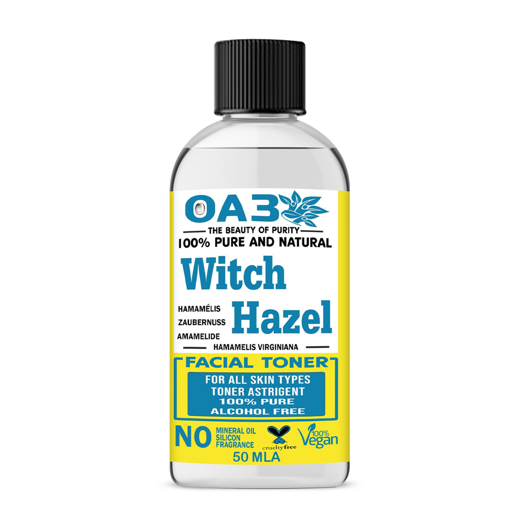 Pure Witch Hazel Liquid | Natural Skin Toner and Cleanser | Ideal for Oily and Problem Skin | Soothes Irritation, Razor Burn, and Redness | Perfect for Everyday Skin Care (50ml - Cap)