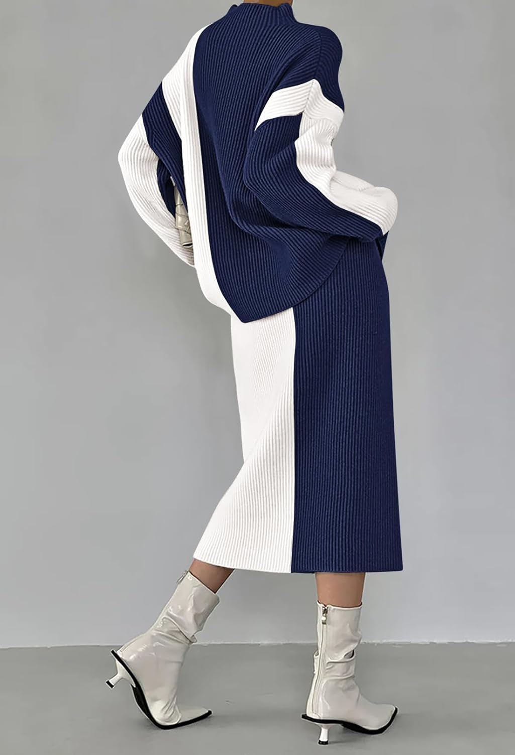 Pink Queen Women's 2 Piece Outfits 2025 Fall Winter Sweater Skirt Set Long Sleeve Oversized Top High Waist Color Block Dress - Image 4