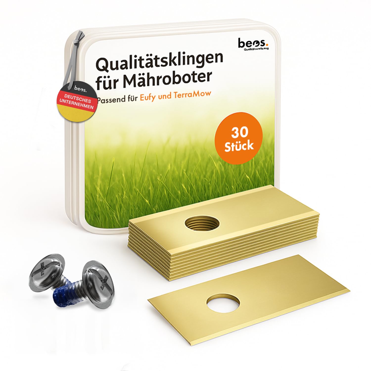 BEOS 30x Premium Titan Ersatzmesser & Schrauben mit Sicherung - Kompatibel mit den Modellen der Mähroboter Marke Eufy - Für EIN perfektes Schnittbild und einen gesunden Rasen