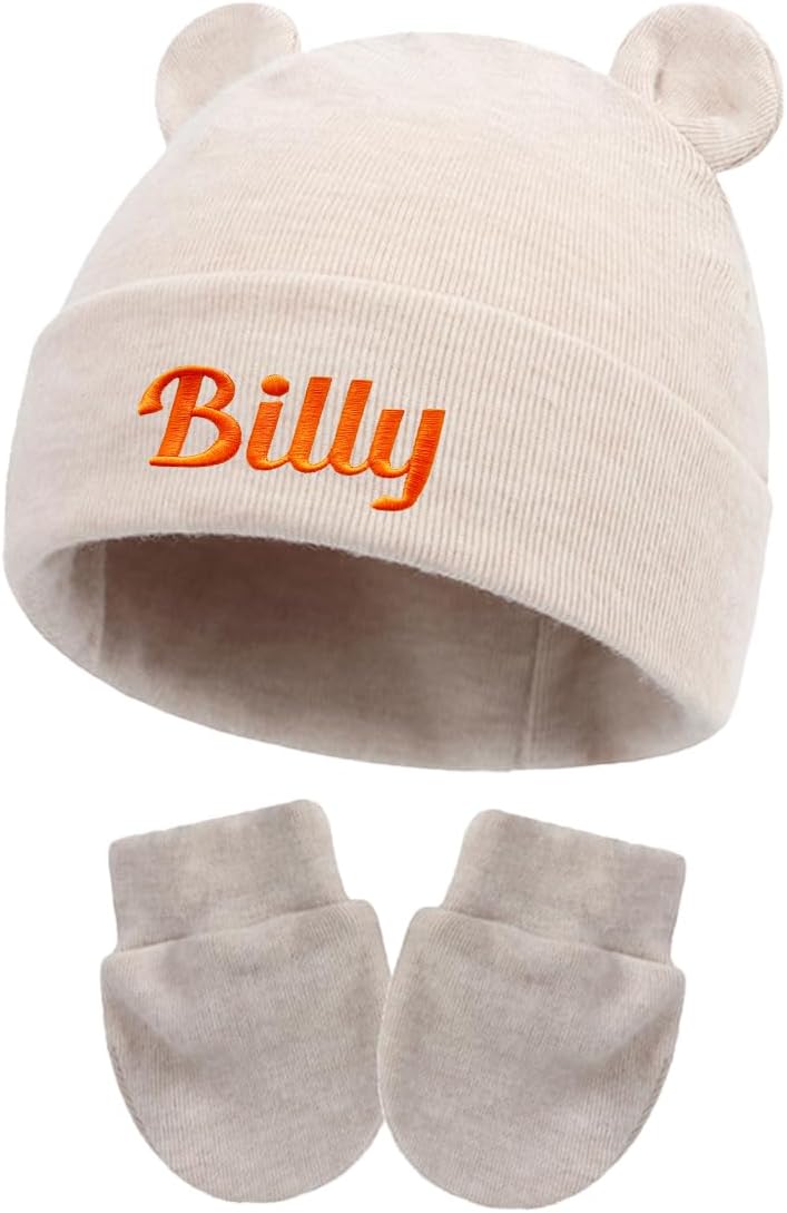 Custom Baby Hat, Personalized Embroidered Newborn Hospital Hat, Cotton Bear Beanie Gloves for Boys Girls