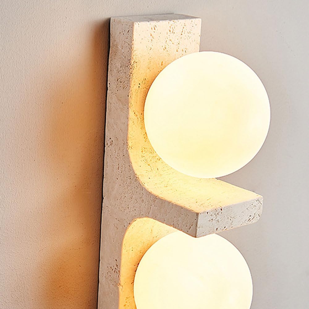 Wabi Sabi Milk Glass Wall Light 2-Light Nordic Globe Bedroom Wall Sconce for Living Rooms Natural Stone Bathroom Light Fixtures Over Mirror Travertine Wall Mounted Light for Dining Room