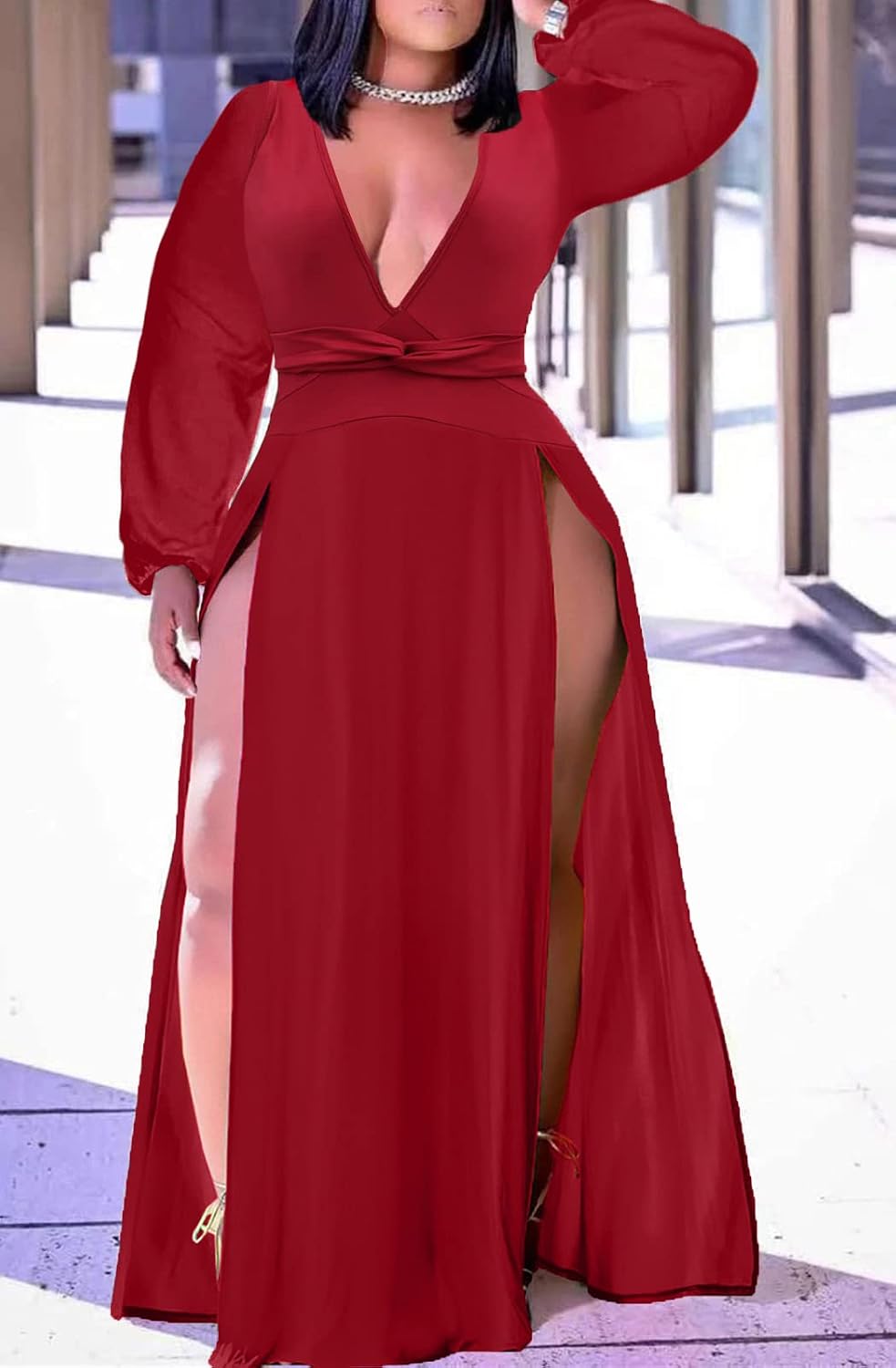 Ekaliy Women's Plus Size Sleeveless Deep V Neck Front Split Long Maxi Wrap Dress