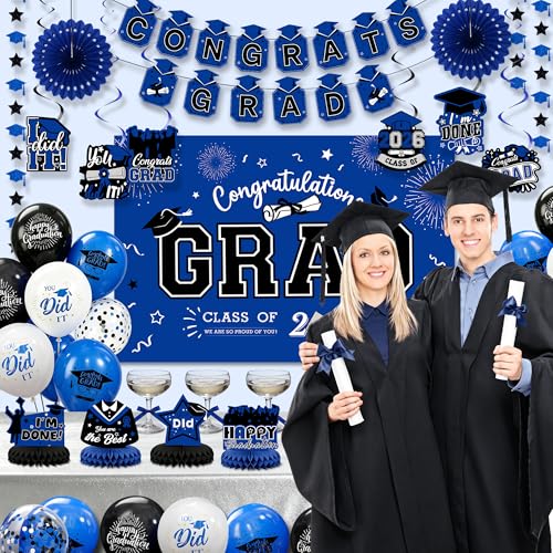 Image of Party Spot!2026 Graduation Party Decorations-Class of 2026 Backdrop,Blue and Black Graduation Party Decoration Set,Congrats Grad Banner,Hanging Swirl & Honeycomb Party Decor for Graduation