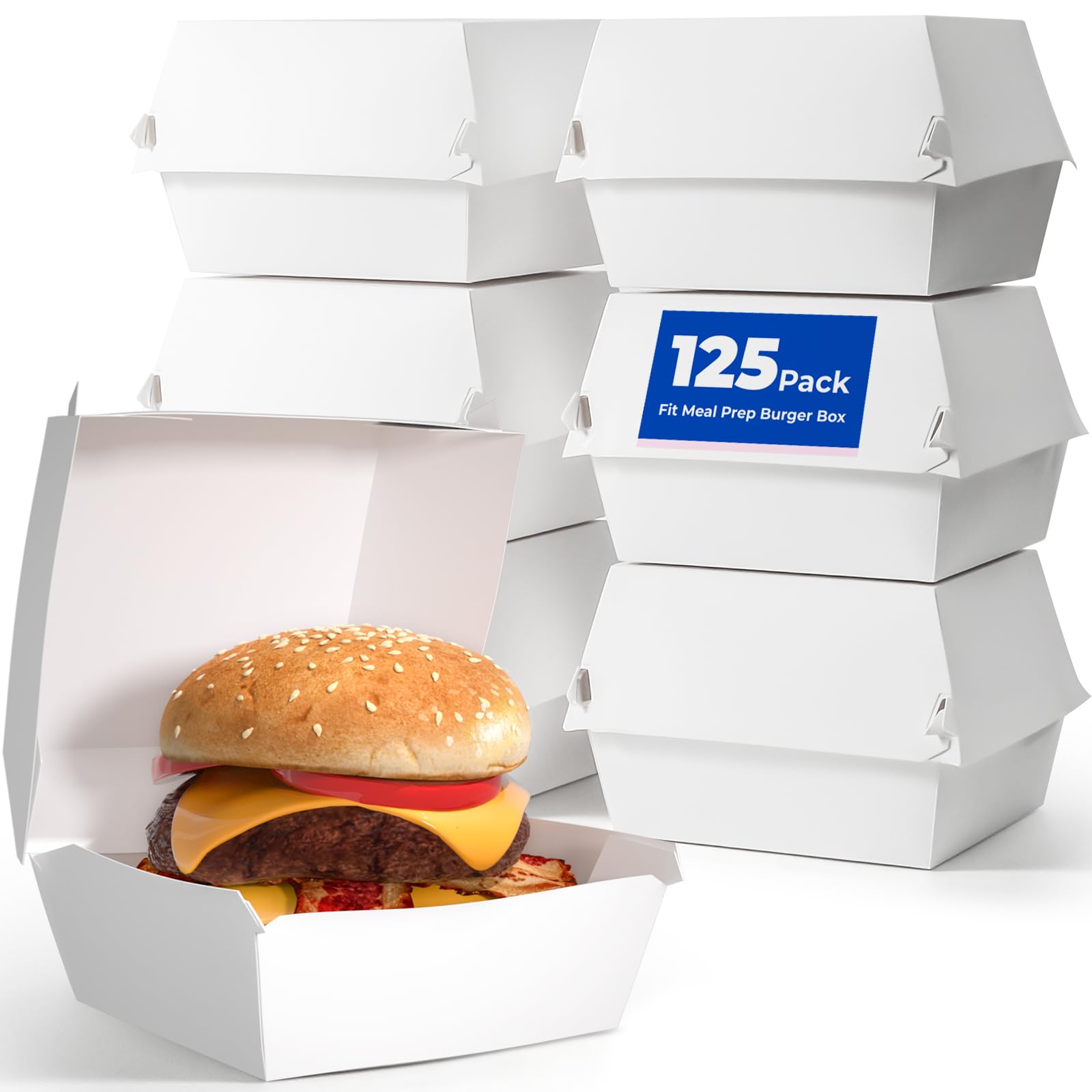 Fit Meal Prep Burger Box, Disposable Clamshell Food Containers with Lids, To Go Paper Hamburger Boxes, Clamshell Container with Tab-Lock for Packing, Charcuterie [Pack of 125] 4.5 x 3.5 Inch