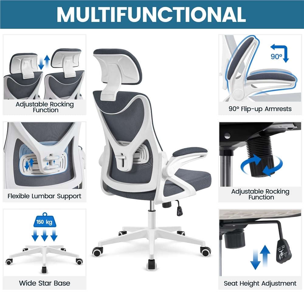 Yaheetech Silla de Oficina Ergonomica con Soporte Lumbar Blanco Gris | Reposabrazo Reposacabeza Ajustable, Base Giratoria de 70 cm, Malla Transpirable, Capacidad Max 150KG