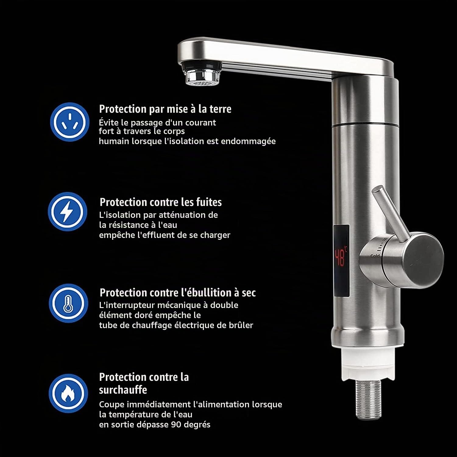 Robinet Chauffant Instantané 3000W 220V en Acier Inoxydable 304, Cuisine Chaude et Froide Réglable, 360° Rotatif pour Cuisine Bar Salle de Bains, Affichage LED