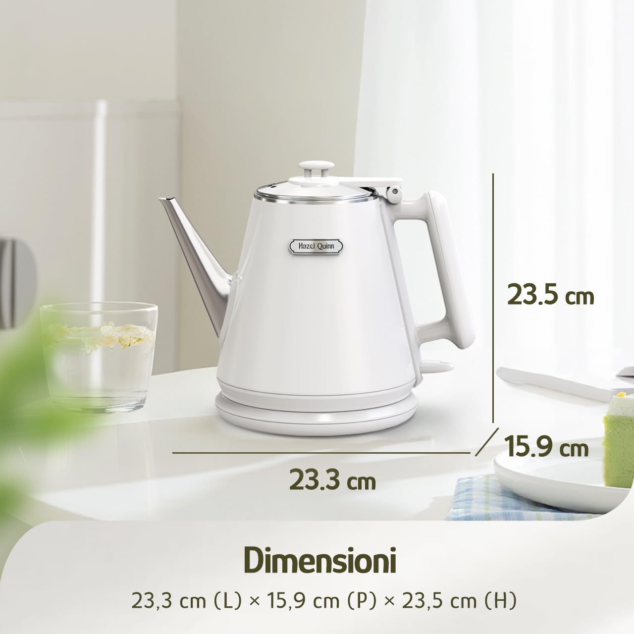 Hazel Quinn Mini Bollitore Elettrico 1 L, Inox, Doppia Parete, Bianco Perla | Bollitura Rapida 1360 W, Inox, Senza BPA, Doppia Parete Fredda al Tatto, Senza Fili, Autospegnimento, Beccuccio a Collo d'Oca