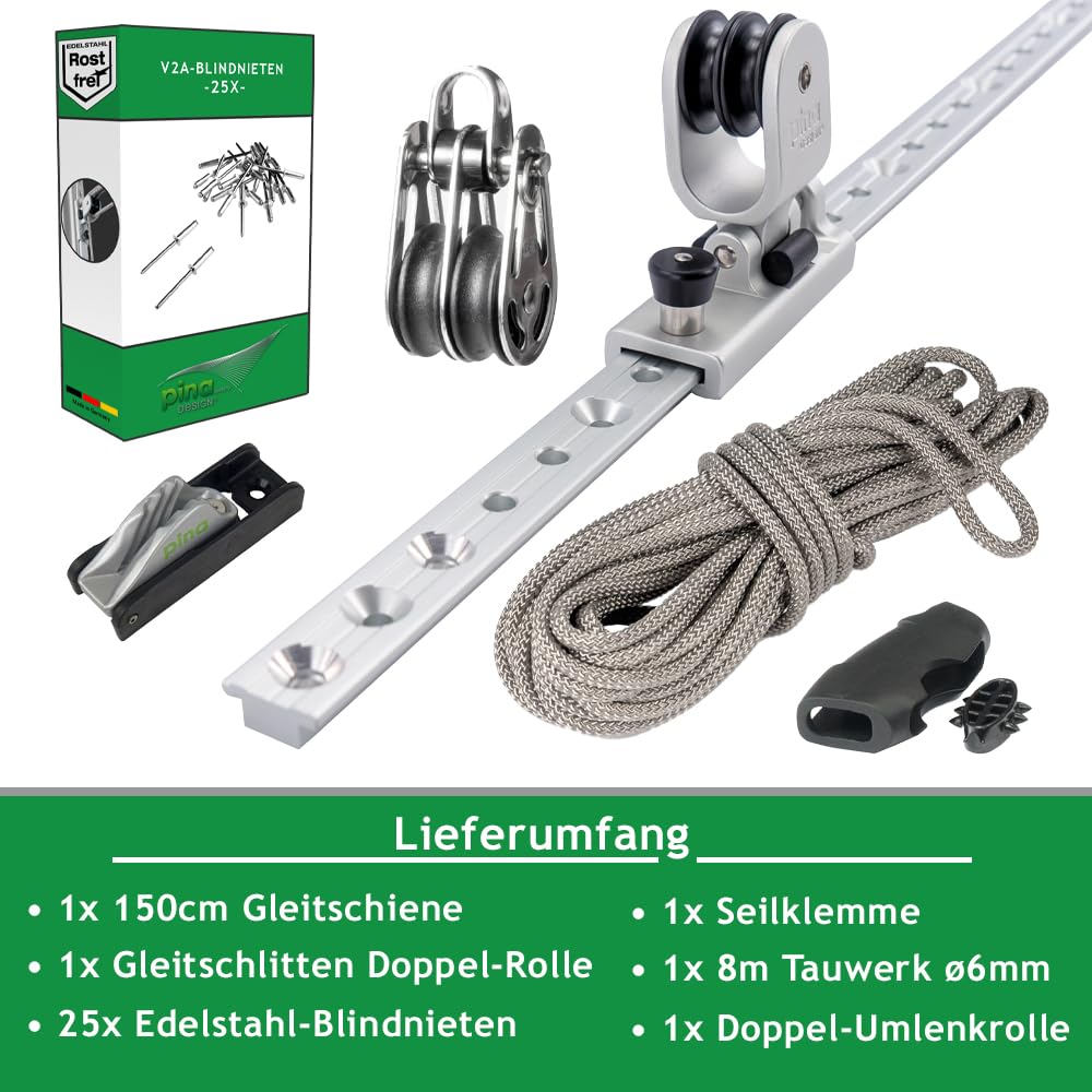 Höheneinstellung: Set für Sonnensegel - Masten, Stangen & Pfosten, 4-Fach Flaschenzug/Seilzug: extra zugstarkes Befestigungsset für Sonnensegel (mit V2A-Blindnieten)