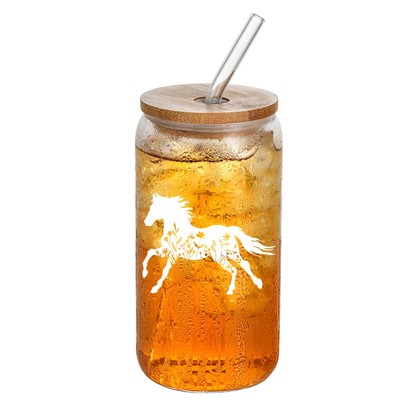Wisedeal Floral and Horse Glass Cups with Lids and Straws, Glasses Drinking Set, Mother's Day, Birthday, Christmas Gifts for Grandma or Mom Dad Aunt Uncle, 16 Oz