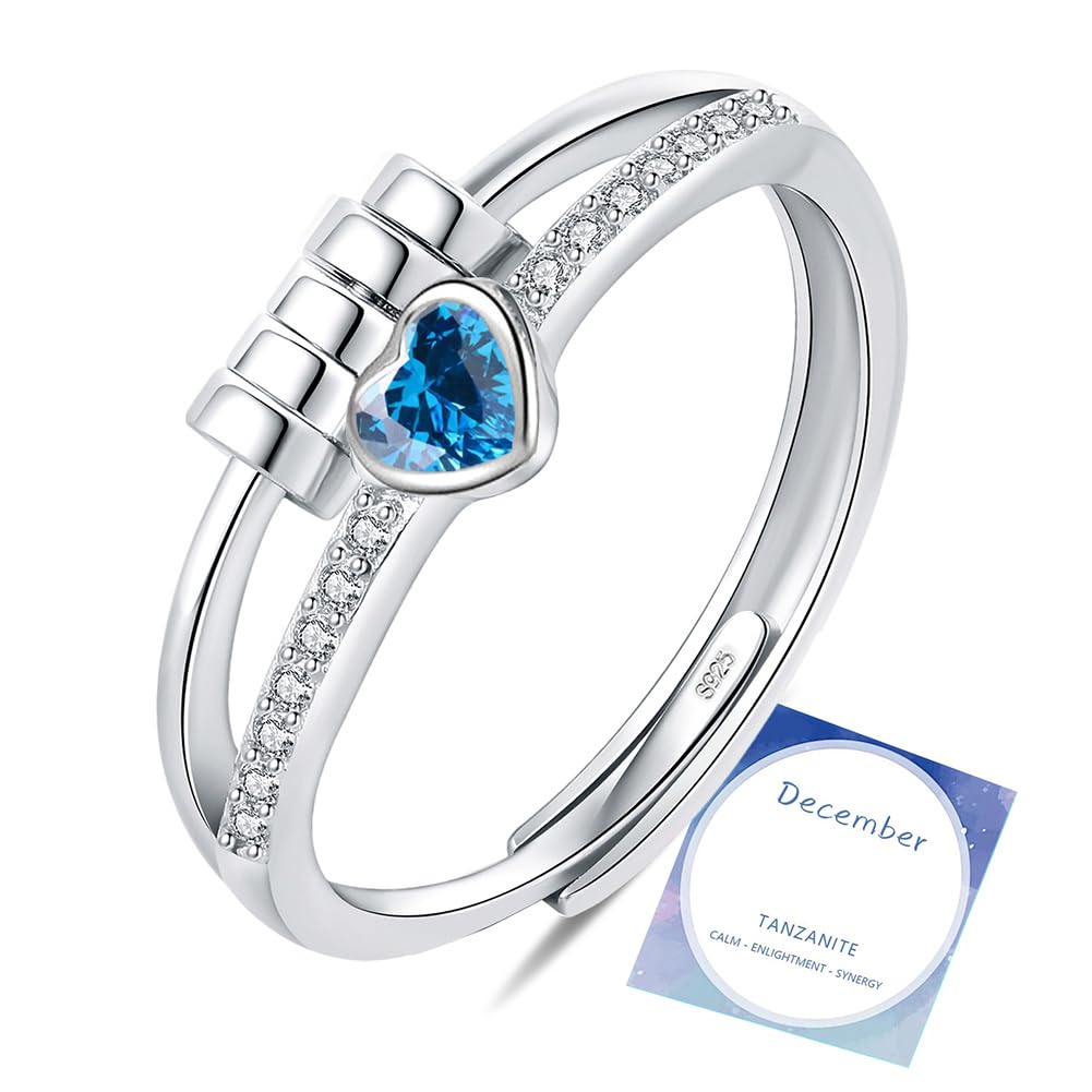 Birthstone Rings for Women,Dainty Sterling Silver Gold Plated Fidget Rings,Anxiety Heart Ring,Adjustable Spinner Birthstone Ring for Women,Birthday