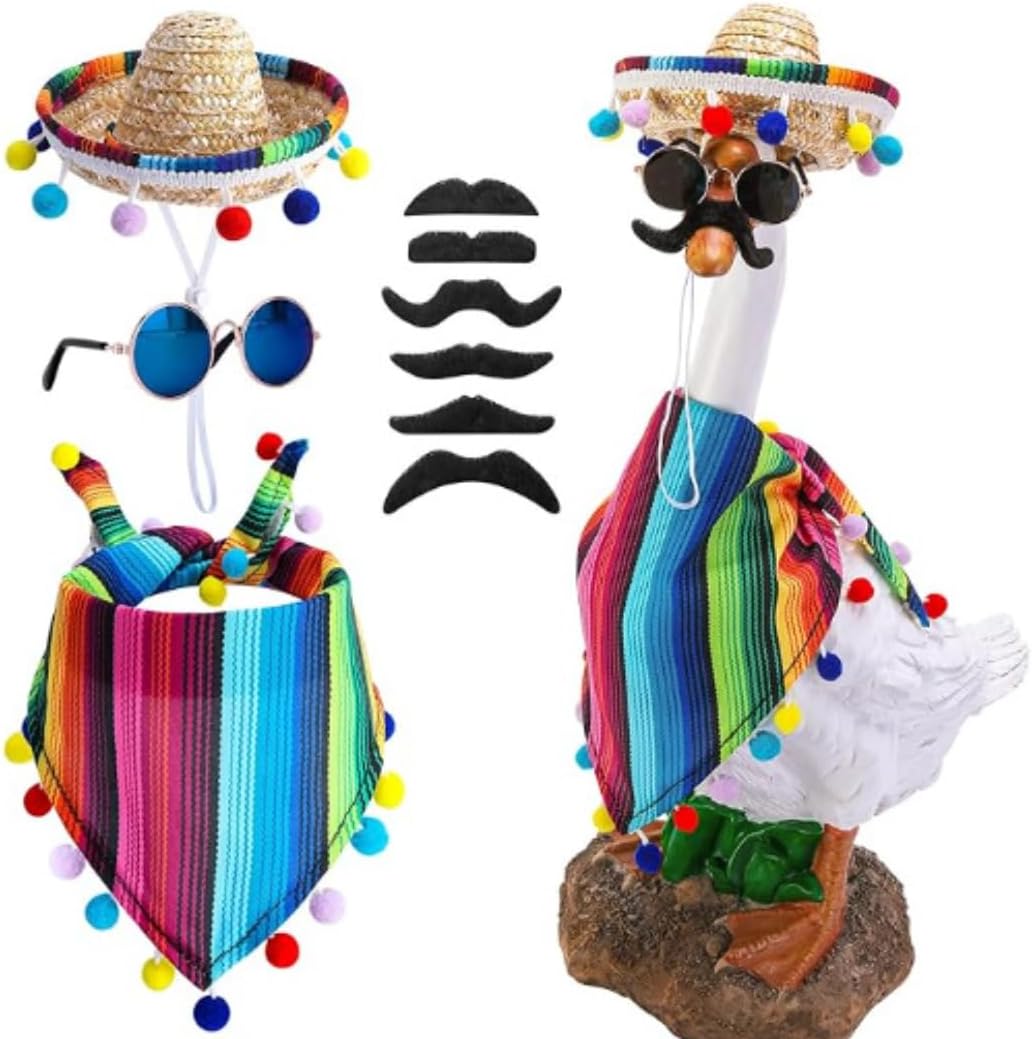 Porch White Goose hat Scarf Set Big White Goose Decoration Colorful furball Straw hat Striped Triangle Scarf