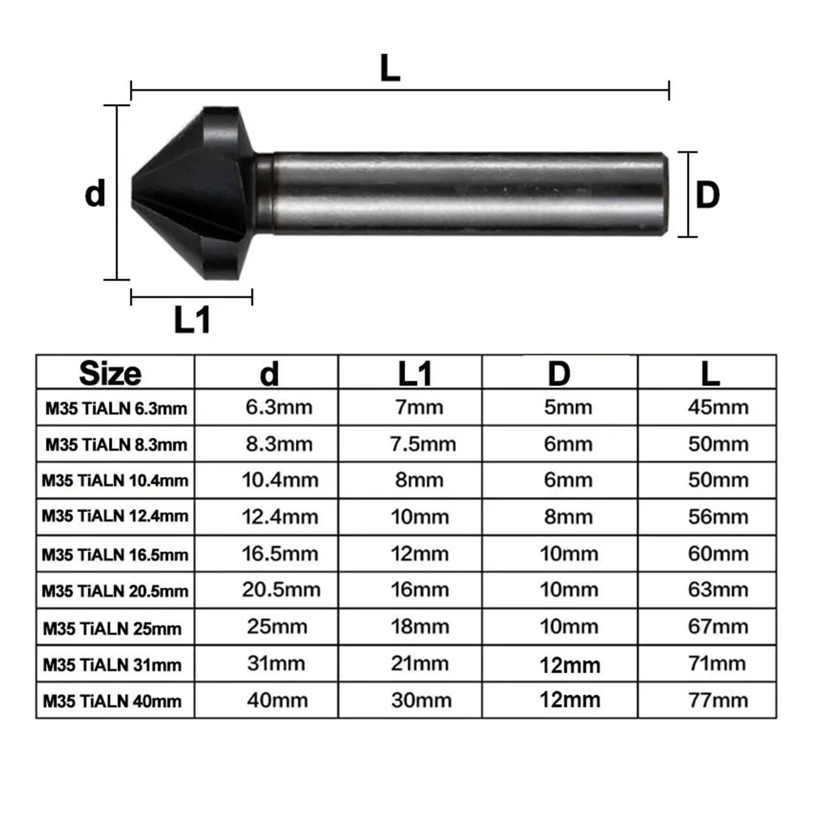Broca avellanadora de 6,3-40 mm, 3 flautas, 90 grados, herramienta de corte de chaflán for desbarbado, for hierro, aluminio, acero inoxidable y metal.