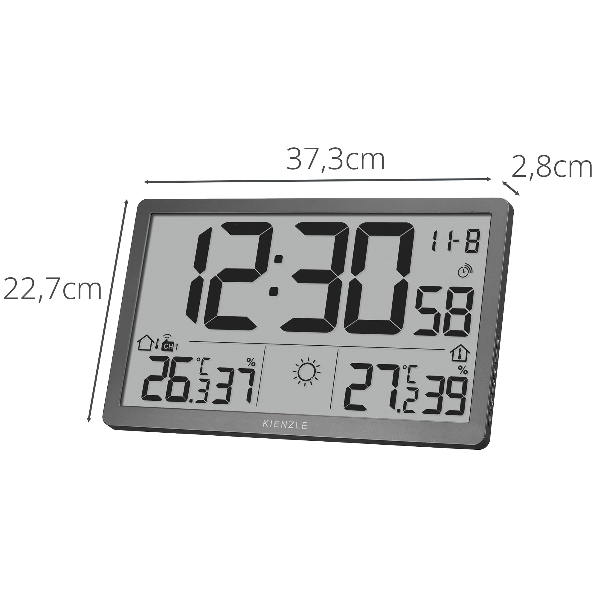 Kienzle Funk-Wetter-Wanduhr mit XL LCD Display, Außensensor, Temperatur Luftfeuchtigkeit grau