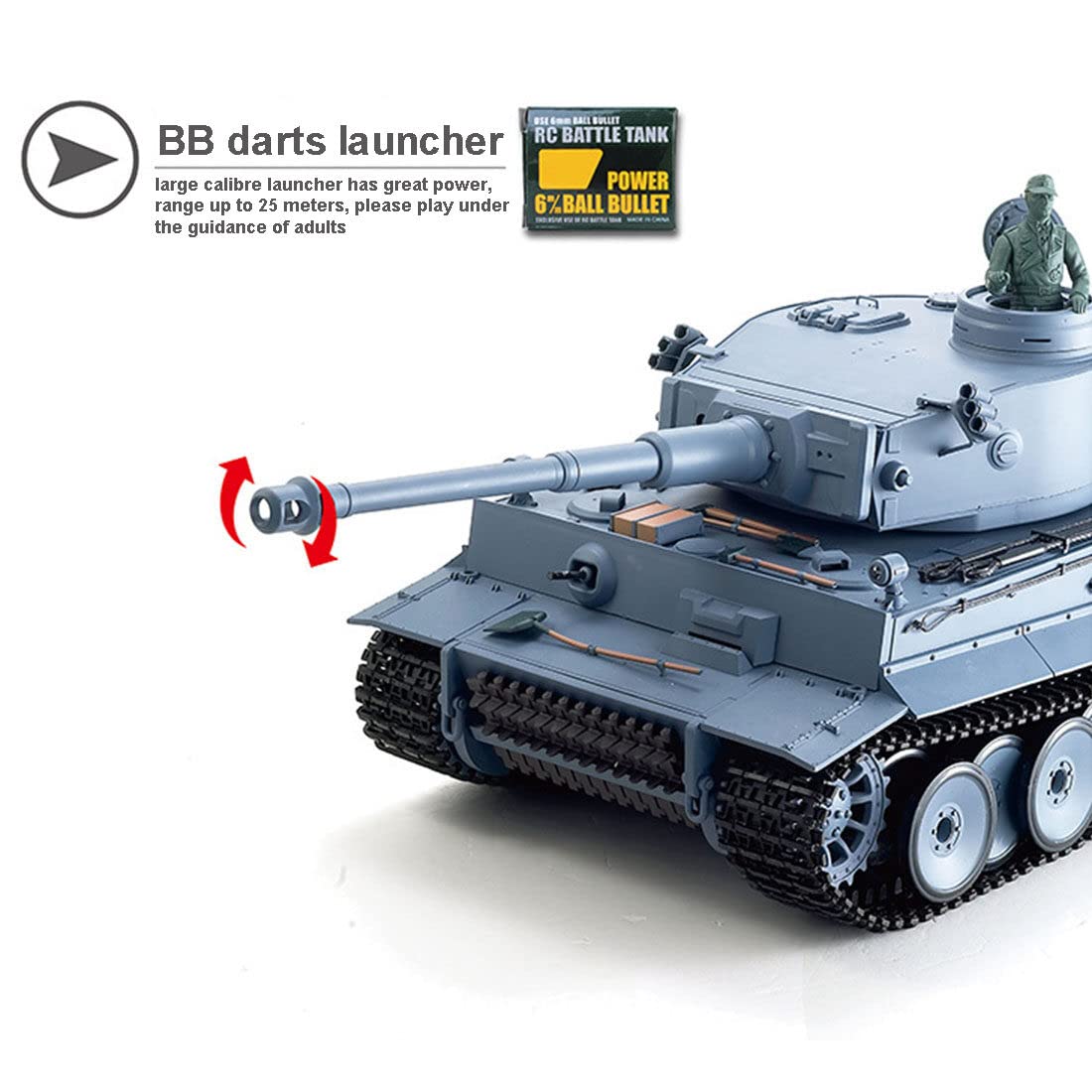 1/16 Scala tedesca Tiger I RC Tank 3818, Heng Long 7.0 RTR 2.4GHz Telecomando Serbatoio militare con torretta rotante a 340°, fumo, suono, luce, tiro BB e combattimento a infrarossi (versione