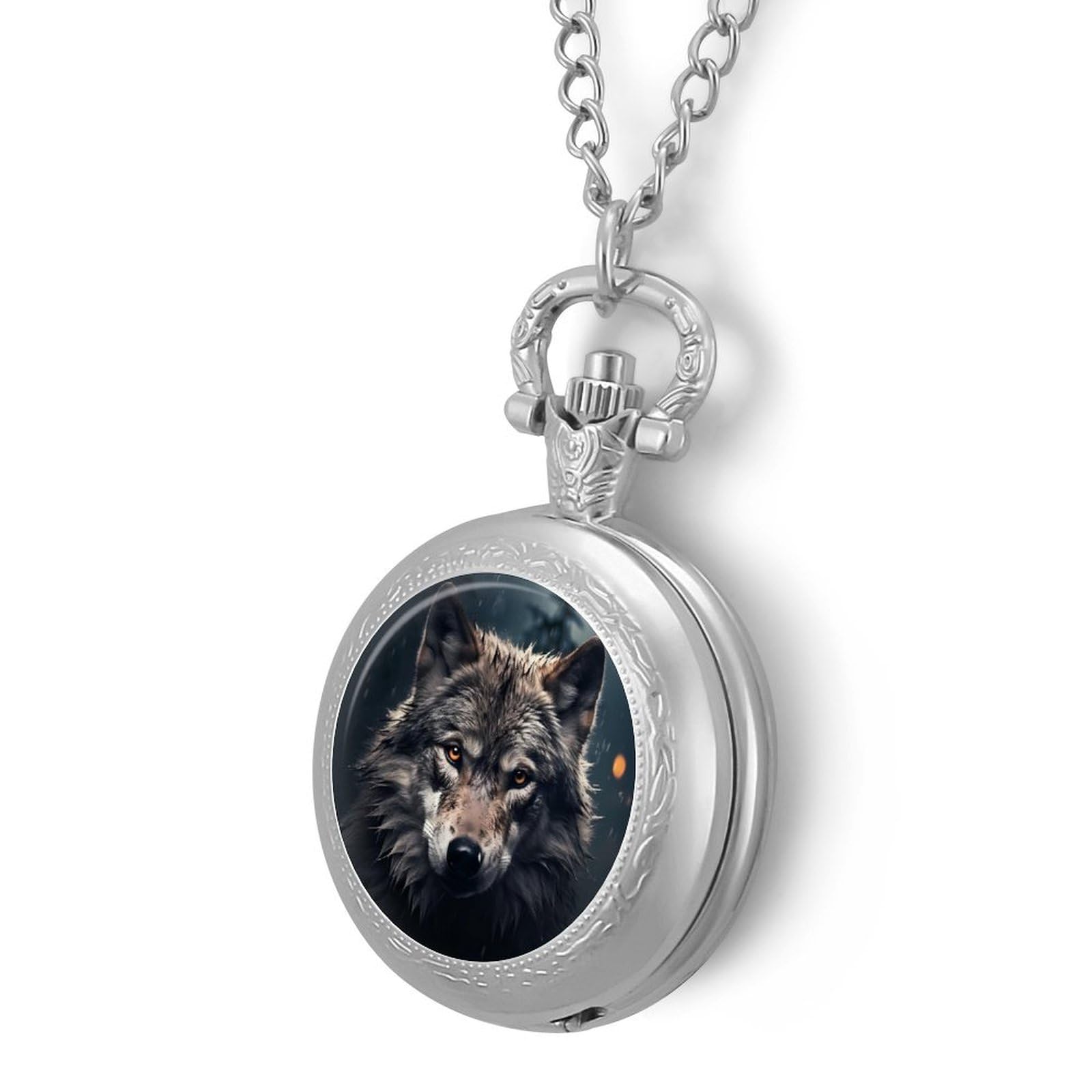Night Scene with Wolf Stormy Sky Vintage Pocket Watch with Chain Numerals Scale Christmas Graduation Birthday Gifts Valentine's Day Silver-Style
