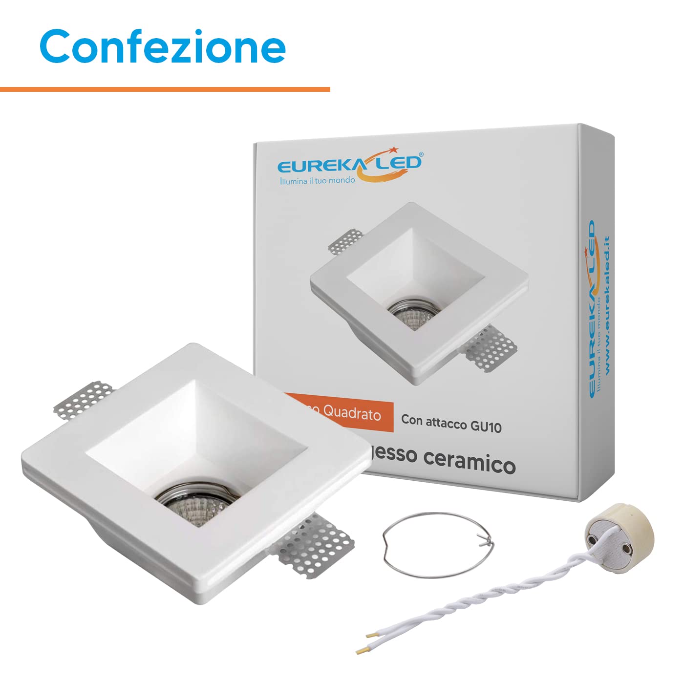 Eurekaled - Portafaretto in Gesso CERAMICO da Incasso Quadrato per Controsoffitti per GU10 e MR16 (10 Pezzi)