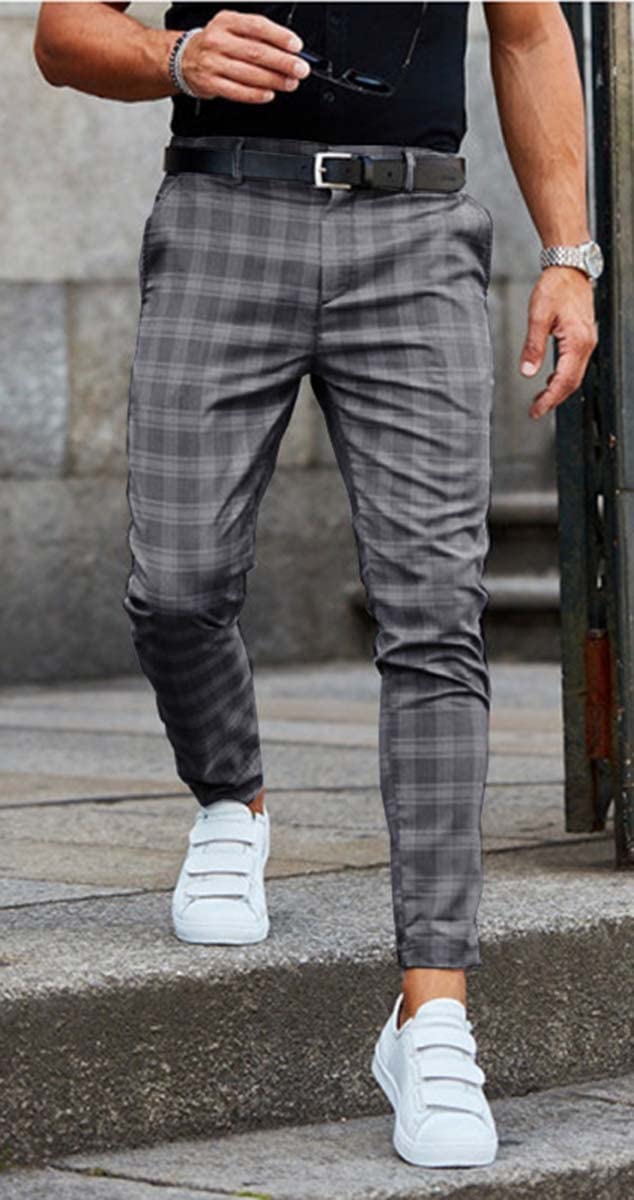 Pantalone Da Uomo A Quadri Con Vita Elastica Casual,Uomo Slim Fit Pantaloni,Alla Moda Pantaloni A Sezione,Streetwear Pantaloni Casual Slim Fit Laterali 1,S