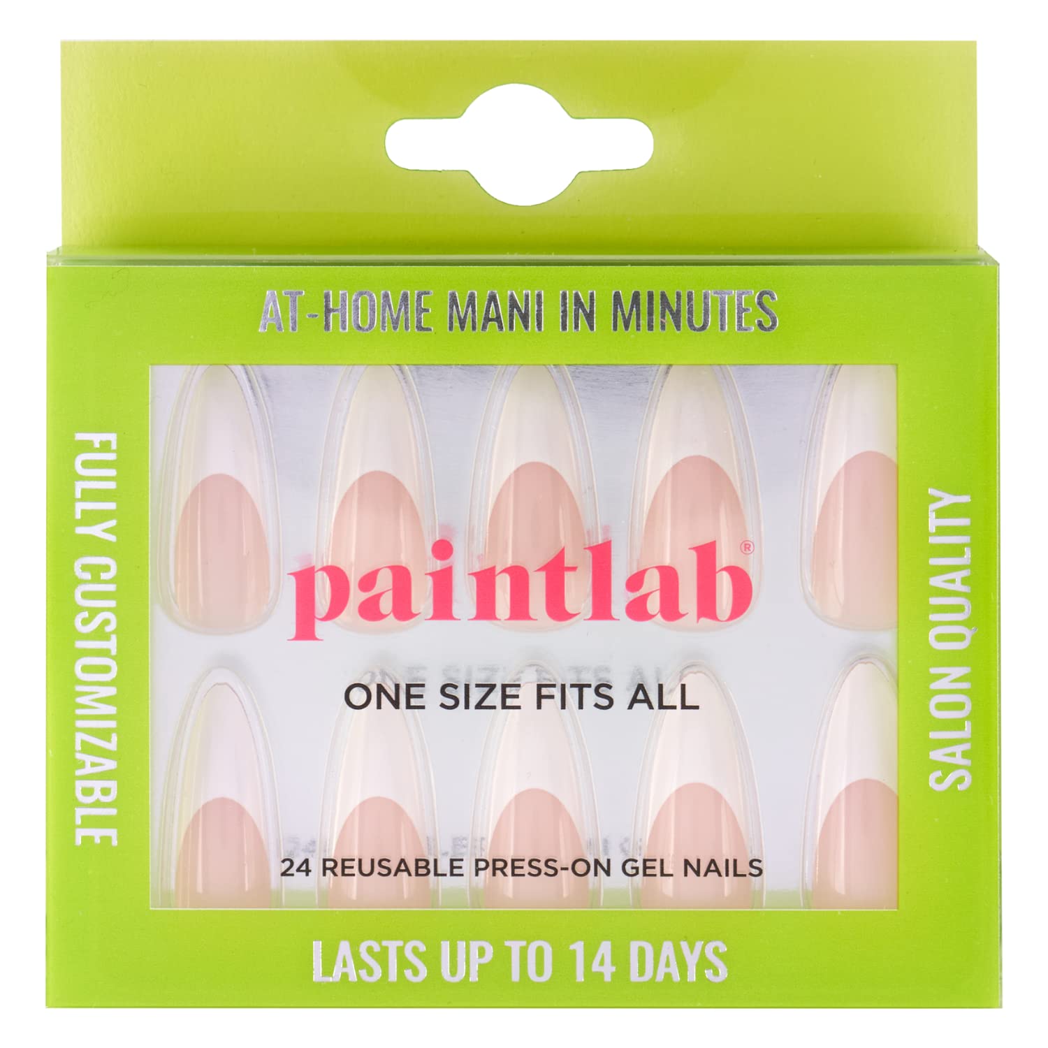 PaintLabPress On Nails, 24 Piece Fake Nails Kit Plus Nail Glue, Nail File, Prep Pad and Cuticle Stick, Gel Nail Kit for Women and Girls, French Stiletto