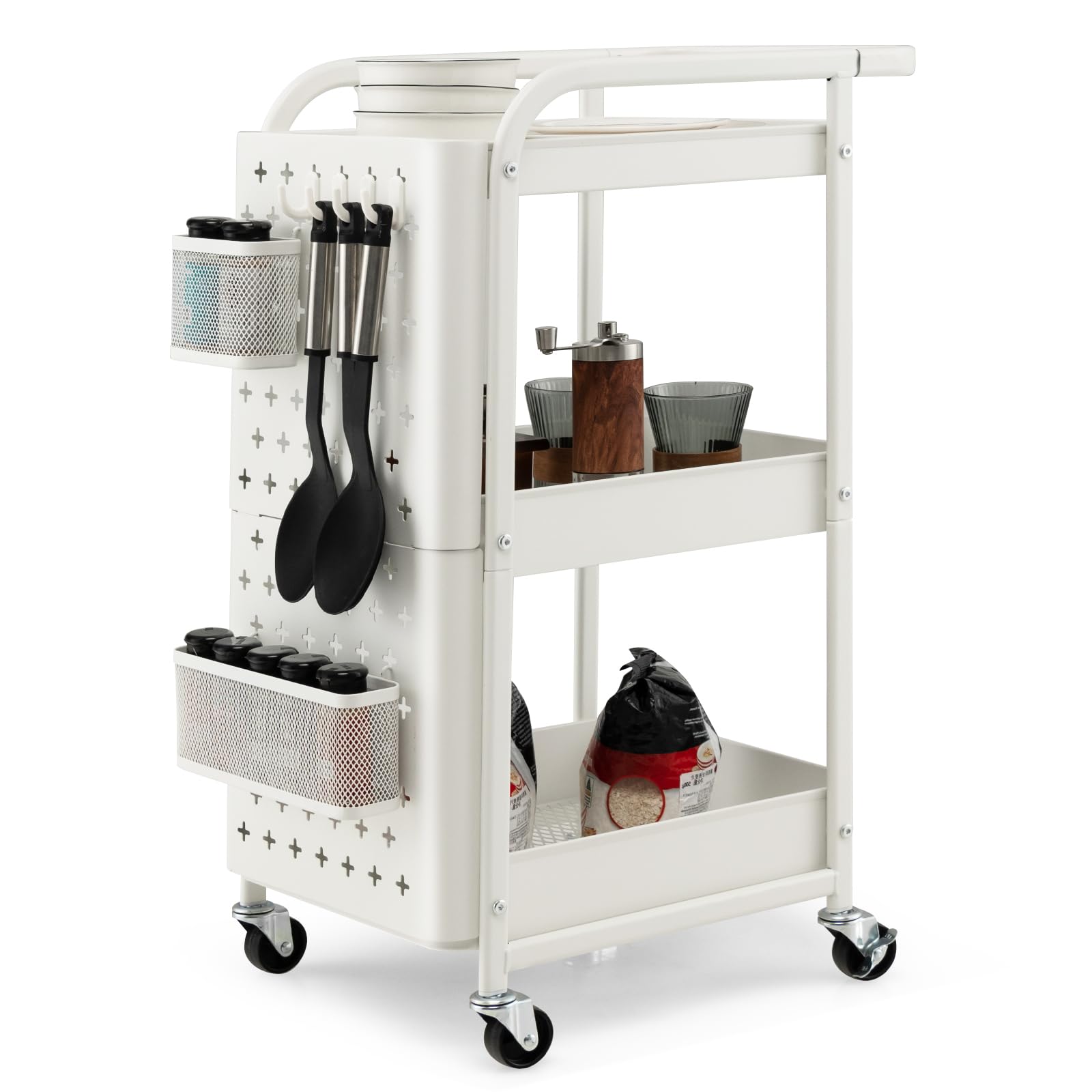 KOMFOTTEU Carro de Almacenamiento de 3 Niveles, Carrito Rodante con 2 Tablero de Clavijas, 2 Cestas y 4 Ganchos, Carro de Servicio de Metal para Cocina, Baño, Oficina, 52 x 33 x 75 cm (Blanco)