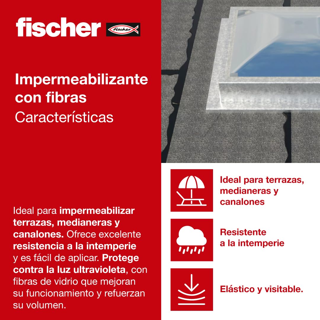 fischer - Pintura Impermeabilizante con Fibras | Resistente al Agua y Exteriores | Protección Elástica y Antideslizante | Ideal para Terrazas y Techos | 4L (Cubo 5kg) | Blanco