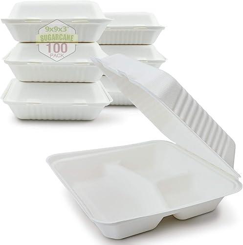 Green Earth 9 pulgadas, 100 unidades, 3 compartimentos, concha compostable, bagazo natural (fibra de caña de azúcar), cajas de comida para llevar,