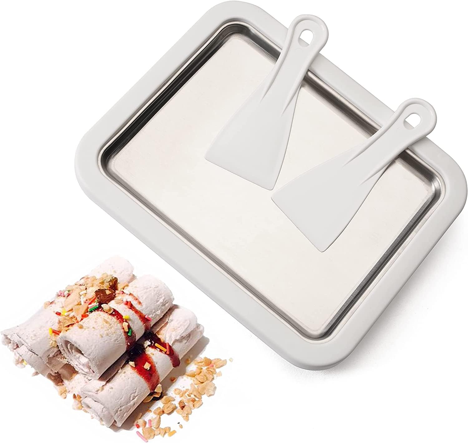 Kixre Ice Cream Roll Maker, Household Fried Yogurt Machine Instant Ice Cream Maker Plate Rolled Ice Cream Maker Fried Ice Machine Yogurt Frozen Sorbet Maker with 2 Fried Ice Shovels- (White)