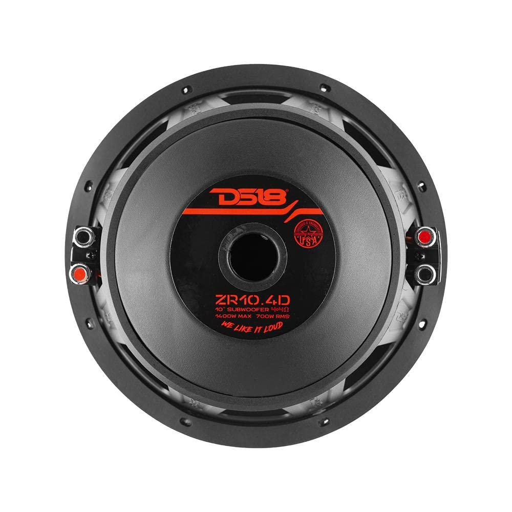 1 DS18 ZR10.4D, subwoofer 25 cm 250 mm 10" średnica, moc RMS 700 W i maks. 1400 W, podwójna cewka drgająca DVC 4 + 4 Ohm, czułość 81 dB SPL, bagażnik samochodowy, 1 sztuka