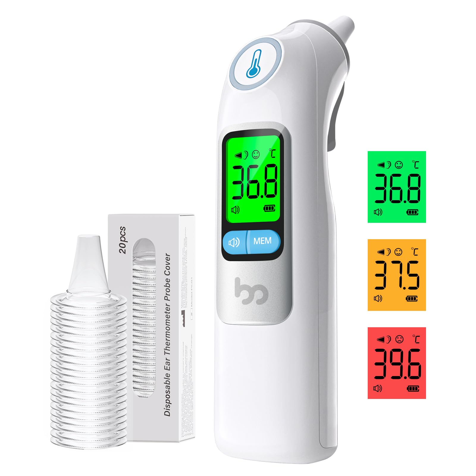 Thermomètre Auriculaire pour Adultes et Bébés | Précision Professionnelle | Alerte Fièvre à 3 Couleurs | Mode Silencieux | avec 20 Embouts Jetables