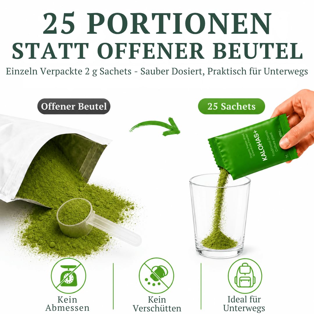 Pure Bio Grünkohl Pulver, 25 x 2g Sachets auf Grünes Superfood | Ohne Zusatzstoffe, Gefriergetrocknet, Hoher Gehalt an Protein, Kalzium, Vitamin C & K, Antioxidantienreich, 9 Aminosäuren